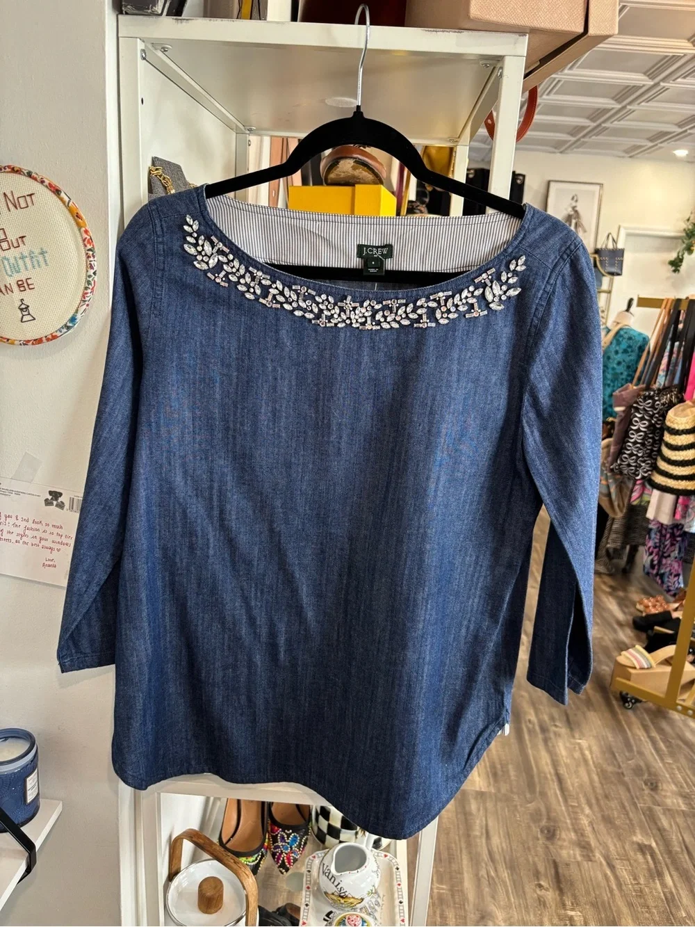 J. Crew Denim-Effect Embellished Boatneck Top in Blue chambray